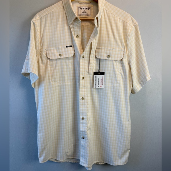 NEW PONCHO Polo Shirt Sz Lg The Original Short Sleeve Peach Plaid Yellow Roswell - Picture 1 of 10